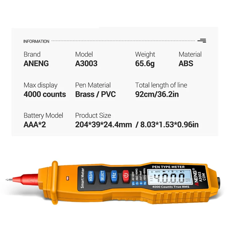 ANENG A3003 Digital Pen Auto Multimeter 4000 Counts Smart Meter with NCV AC/DC Voltage Resistance Capacitance Tester - Yellow