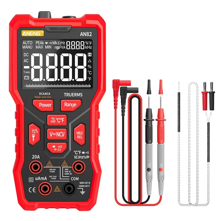 Aneng AN82 9999 Cuenta Cuenta Multimetor Digital Auticú Auticó Autumover Porte Torre RMS AC / DC AMMETET METER DE VOLTAJE(PANTALLA DE PANTALLA DE VA) - Petirrojo