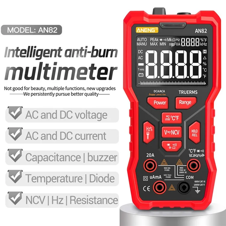 Aneng AN82 9999 Cuenta Cuenta Multimetor Digital Auticú Auticó Autumover Porte Torre RMS AC / DC AMMETET METER DE VOLTAJE(PANTALLA DE PANTALLA DE VA) - Petirrojo