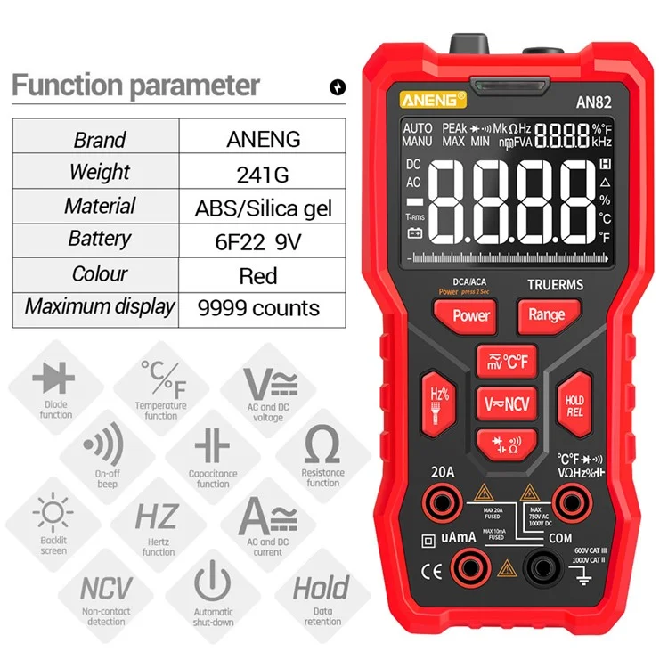 Aneng AN82 9999 Cuenta Cuenta Multimetor Digital Auticú Auticó Autumover Porte Torre RMS AC / DC AMMETET METER DE VOLTAJE(PANTALLA DE PANTALLA DE VA) - Petirrojo