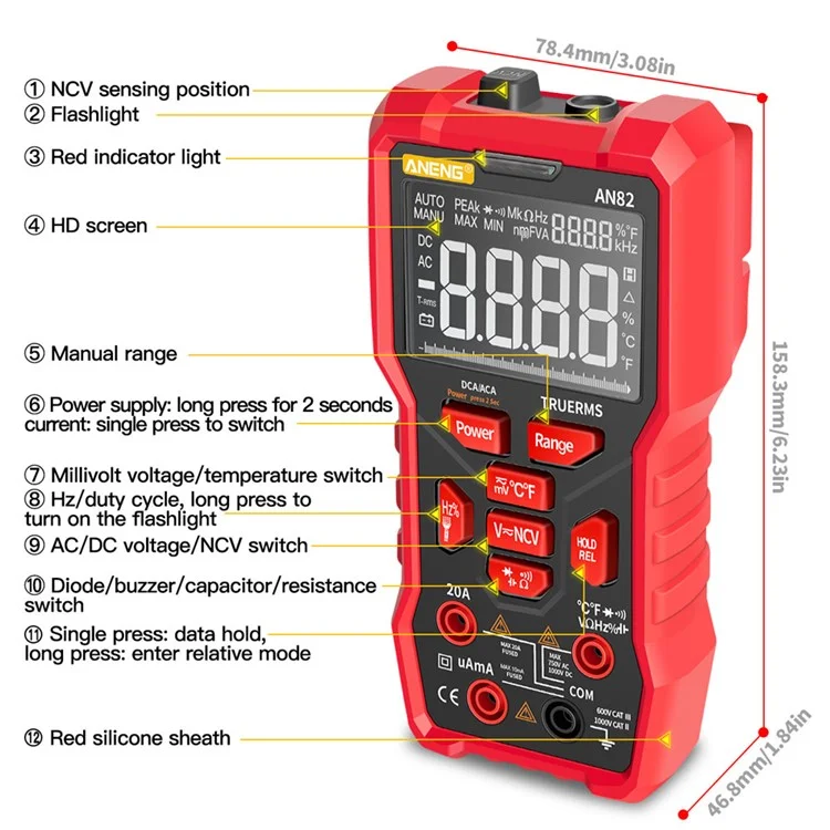 Aneng AN82 9999 Cuenta Cuenta Multimetor Digital Auticú Auticó Autumover Porte Torre RMS AC / DC AMMETET METER DE VOLTAJE(PANTALLA DE PANTALLA DE VA) - Petirrojo