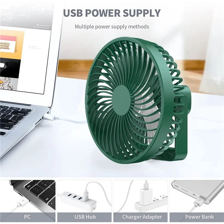 Ventilateur de bureau portable à 3 vitesses, réglable à 360 degrés, idéal pour le camping, chargement USB - Noir