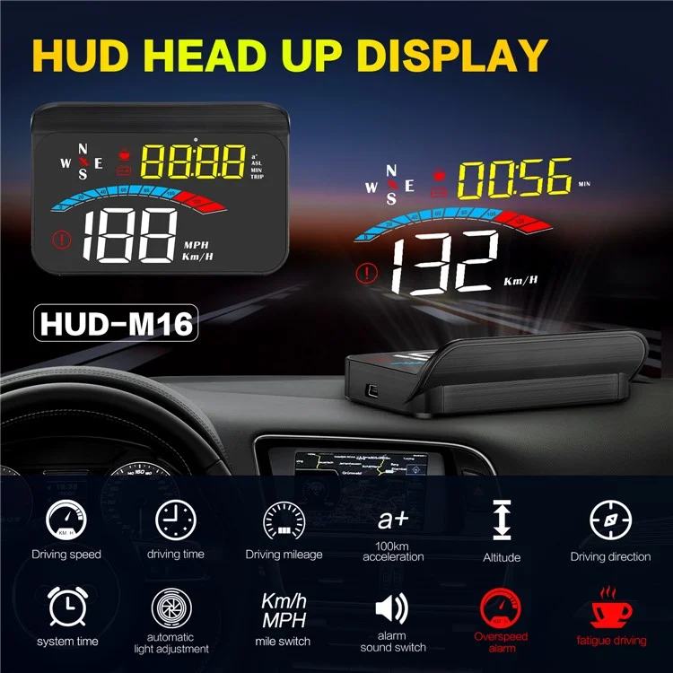 Exibição head-up M16 Velocímetro universal de carro Projetor LCD Posicionamento por GPS 