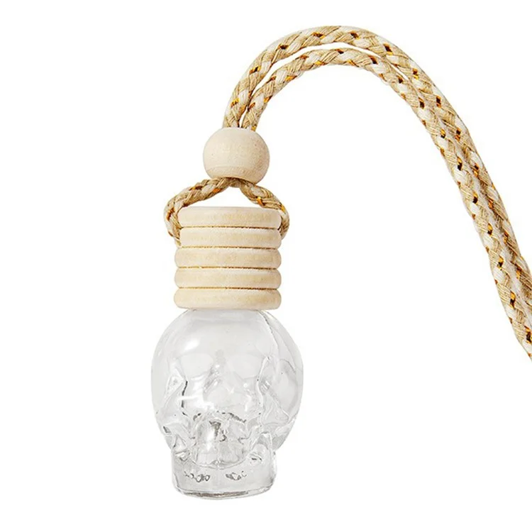 GJ-539 8ML Skull Shape Transparent Glass Empty Perfume Bottle with Wooden Lid Car Pendant