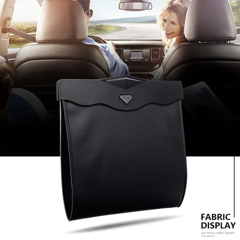 Magnetic Closure Garbage Bag Vehicle Rubbish Container PU Leather+PC Car Trash Bag with LED Light - Brown