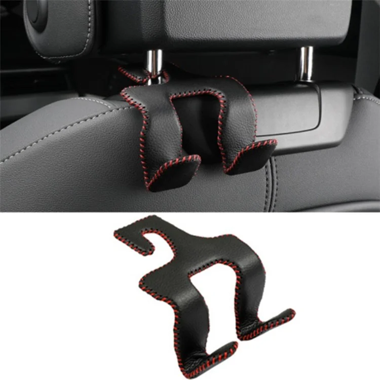 Dual Hook Design Car Seat Back Hanging Hook Stainless Steel + PU Leather Car Seat Headrest Hook Phone Holder - Black+Red