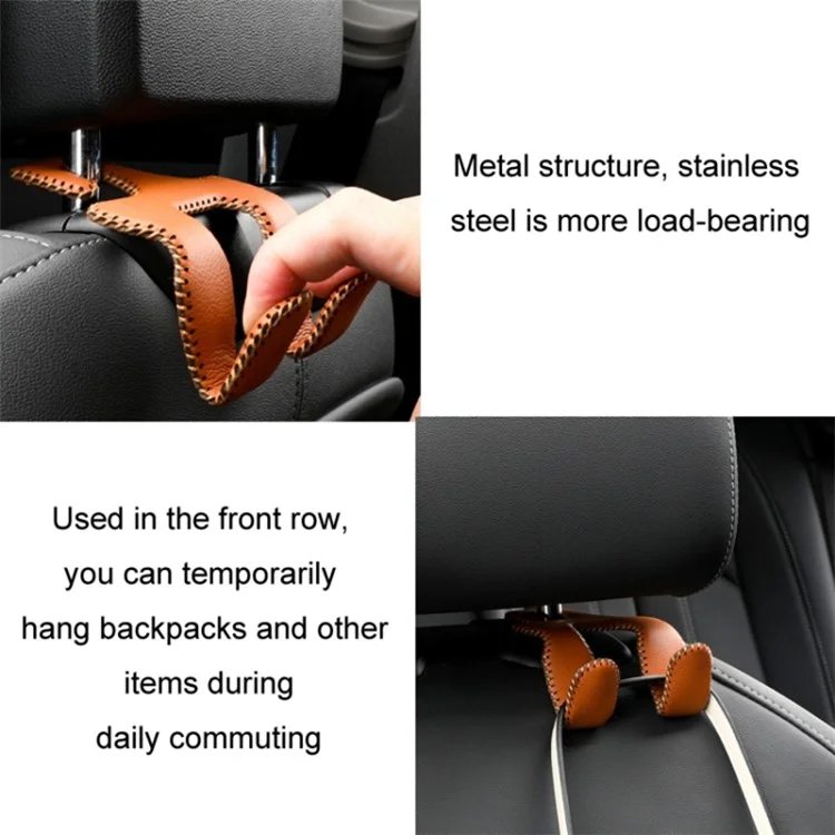 Dual Hook Design Car Seat Back Hanging Hook Stainless Steel + PU Leather Car Seat Headrest Hook Phone Holder - Black+Red