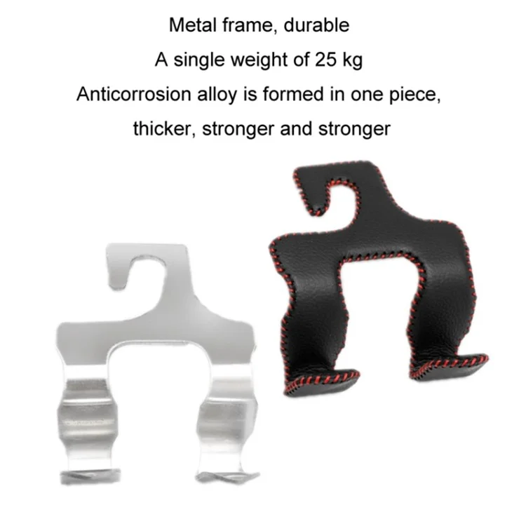 Dual Hook Design Car Seat Back Hanging Hook Stainless Steel + PU Leather Car Seat Headrest Hook Phone Holder - Black+Red