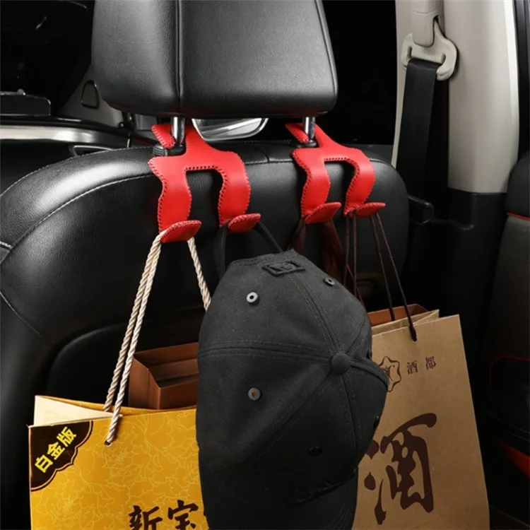 Dual Hook Design Car Seat Back Hanging Hook Stainless Steel + PU Leather Car Seat Headrest Hook Phone Holder - Black+Red