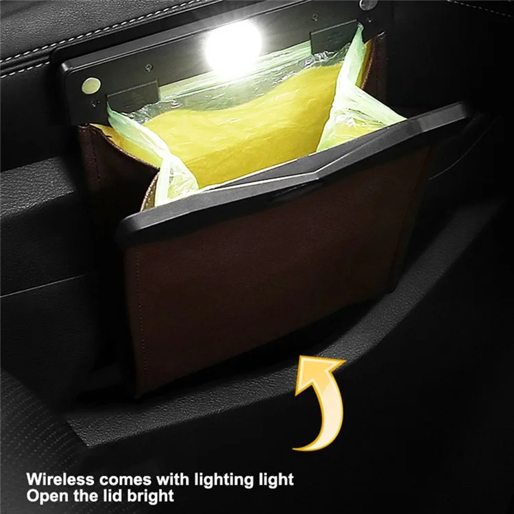 PU Leather+PC Car Trash Bag LED Light Magnetic Closure Garbage Bag Vehicle Rubbish Container Garbage Can - Black