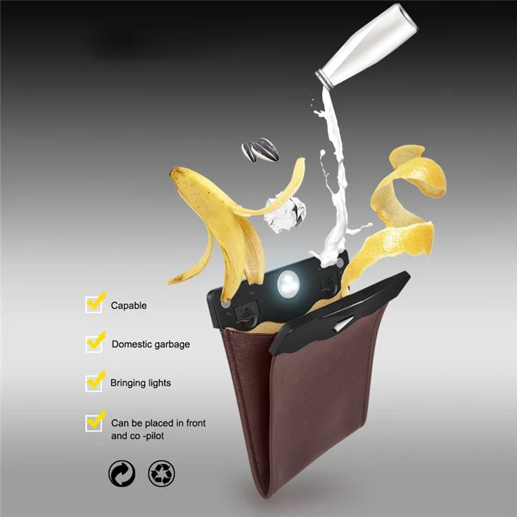 PU Leather+PC Car Trash Bag LED Light Magnetic Closure Garbage Bag Vehicle Rubbish Container Garbage Can - Beige