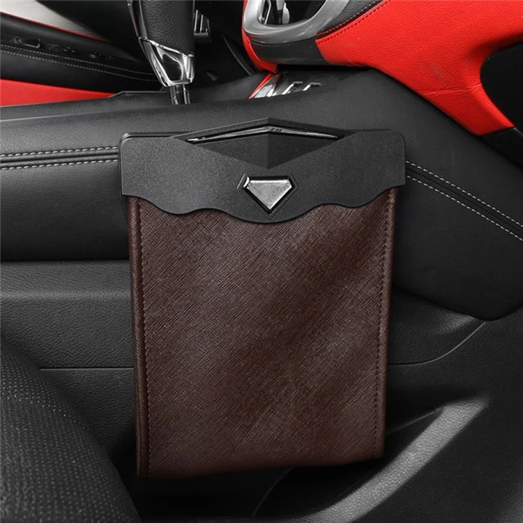 PU Leather+PC Car Trash Bag LED Light Magnetic Closure Garbage Bag Vehicle Rubbish Container Garbage Can - Beige