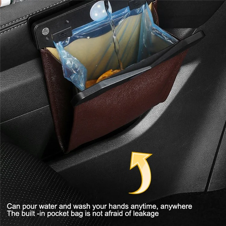 PU Leather+PC Car Trash Bag LED Light Magnetic Closure Garbage Bag Vehicle Rubbish Container Garbage Can - Beige