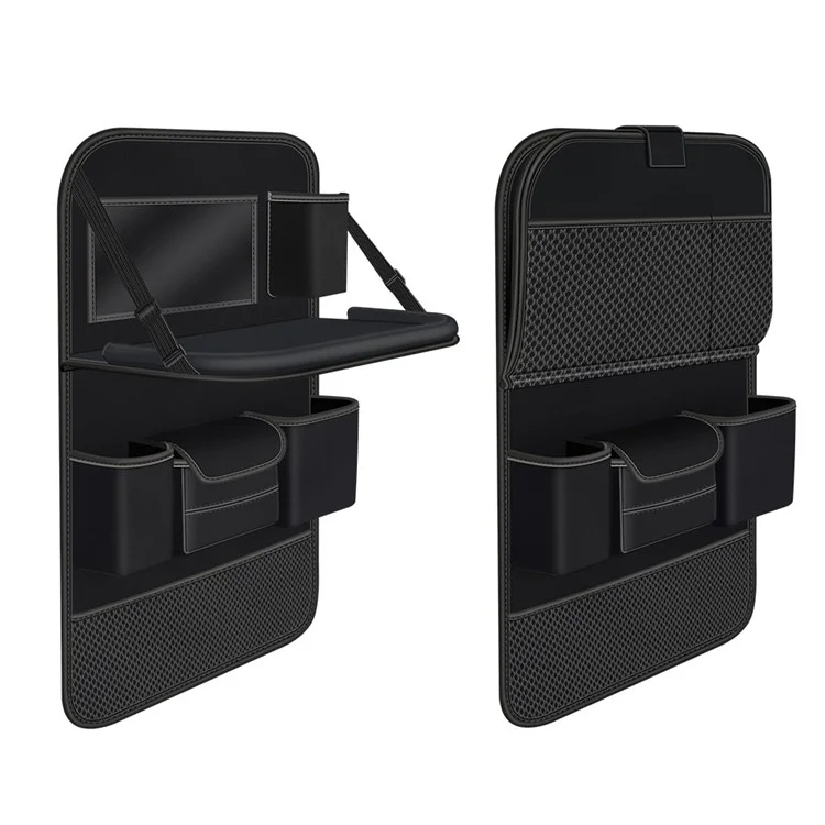 Nappa Texture PU Leather Car Seat Back Organizer Storage Bag Foldable Table Tray - Black