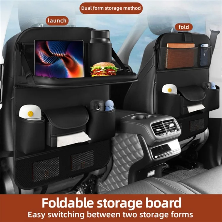Nappa Texture PU Leather Car Seat Back Organizer Storage Bag Foldable Table Tray - Black