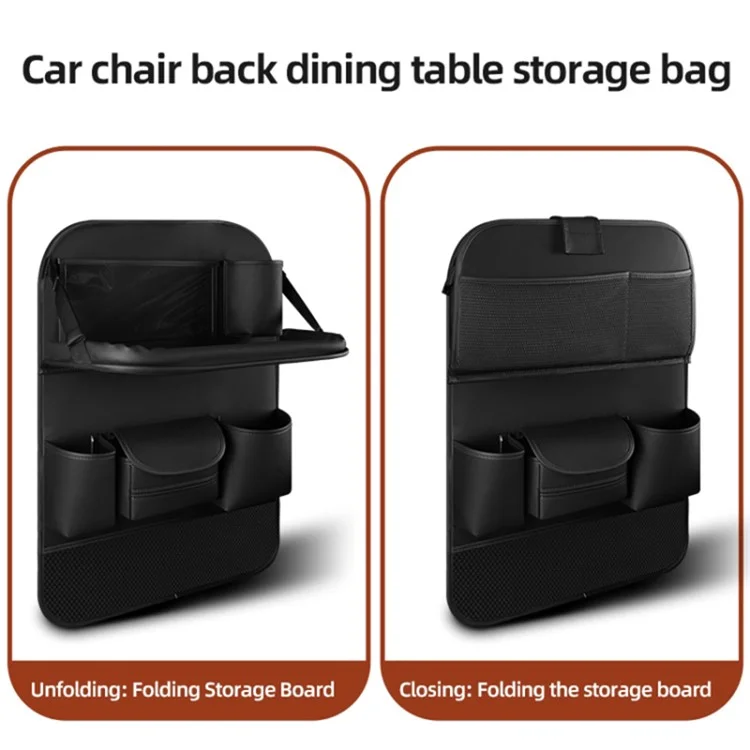 Nappa Texture PU Leather Car Seat Back Organizer Storage Bag Foldable Table Tray - Black
