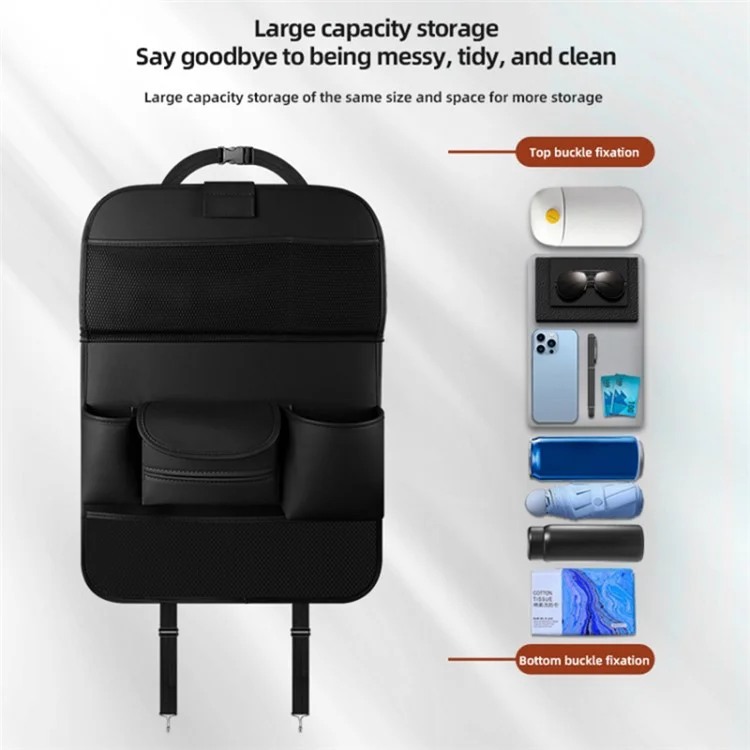 Nappa Texture PU Leather Car Seat Back Organizer Storage Bag Foldable Table Tray - Black