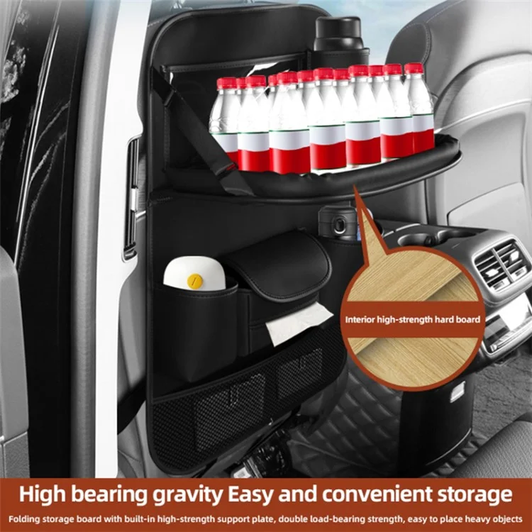 Nappa Texture PU Leather Car Seat Back Organizer Storage Bag Foldable Table Tray - Black
