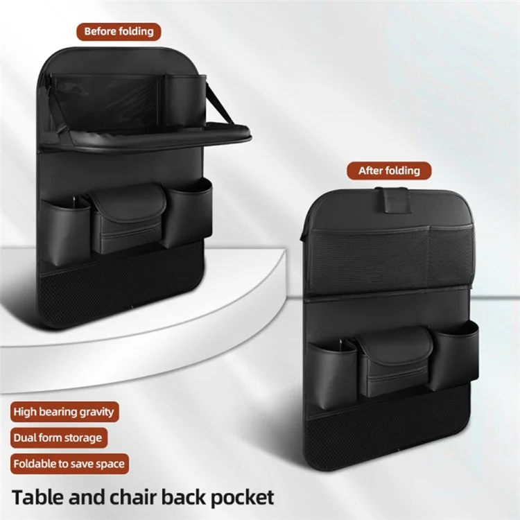 Nappa Texture PU Leather Car Seat Back Organizer Storage Bag Foldable Table Tray - Black