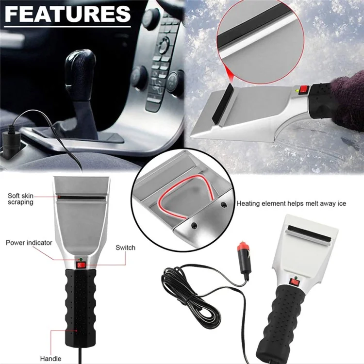 Pá Removedora de Neve Elétrica Aquecida de 12V para Carro Plástica + Metal Raspador de Neve para Janela de Carro de Inverno