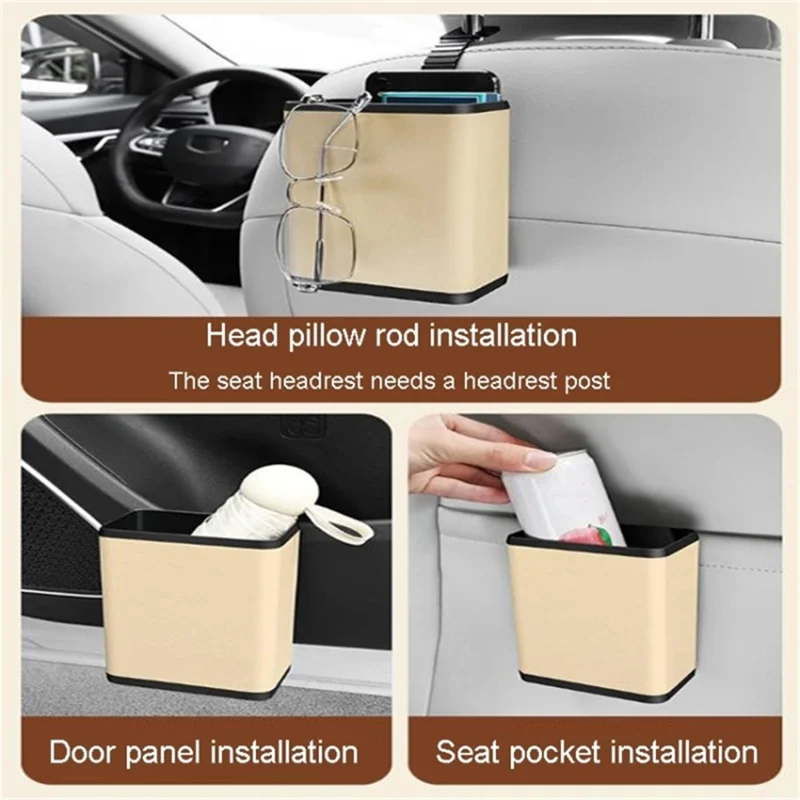 ABS+Leather Car Rubbish Bin Seat Back Hanging Litter Container Storage Box - Black