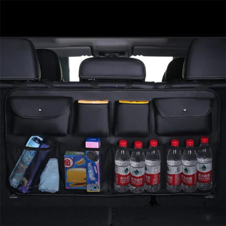 Car Trunk Leather Storage Bag Large Capacity Automotive Backseat Organizer (Mesh Style) - Black