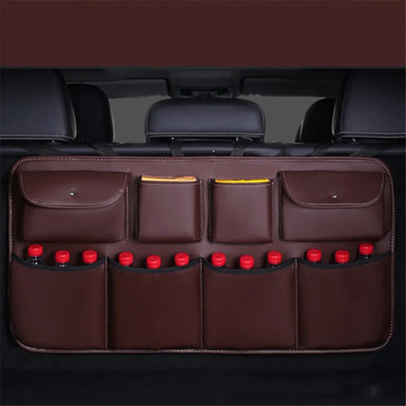 Leather Car Back Seat Storage Bag Automotive Seat Back Organizer for Bottle, Snack, Napkin - Coffee