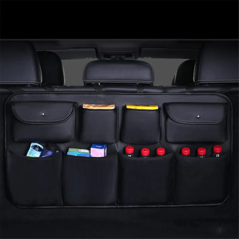 Leather Car Back Seat Storage Bag Automotive Seat Back Organizer for Bottle, Snack, Napkin - Black