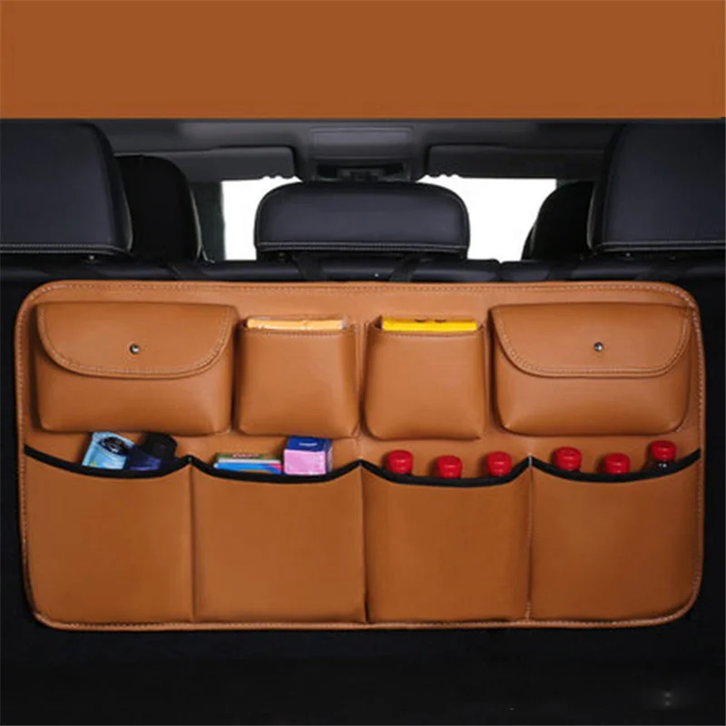 Leather Car Back Seat Storage Bag Automotive Seat Back Organizer for Bottle, Snack, Napkin - Brown