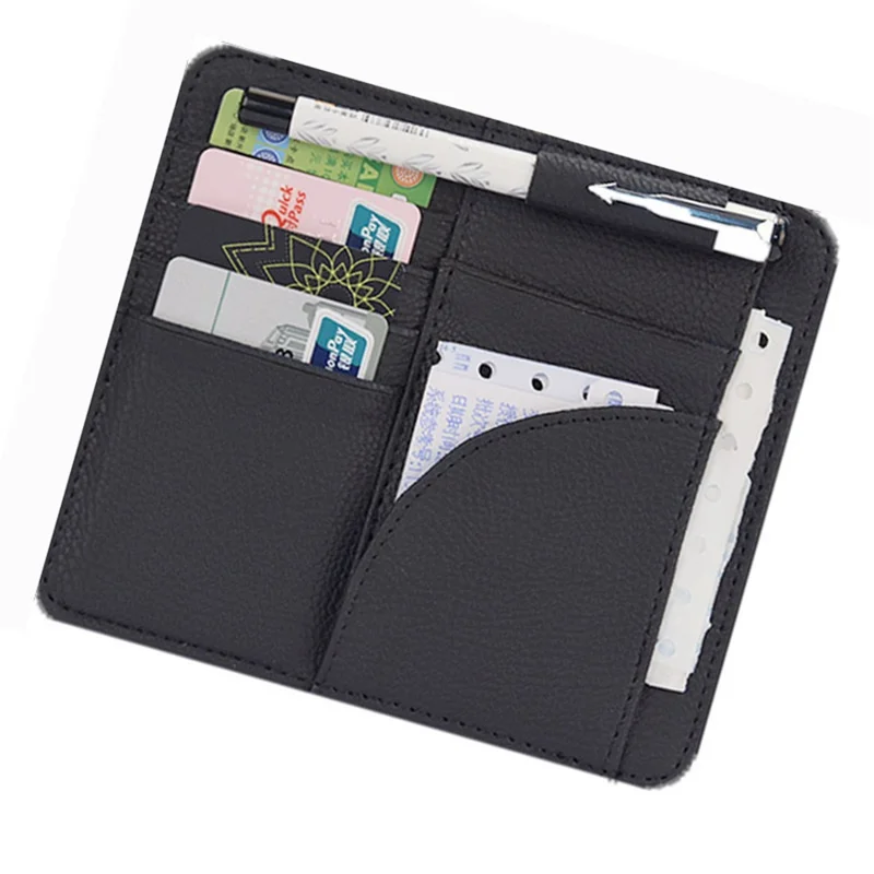 Car Sun Visor Storage Bag PU Leather Cards Bills Driver License Holder Bag - Black