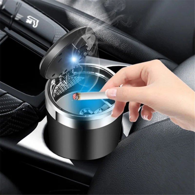 ABS+Metal Liner LED Light Car Ashtray Vehicle Interior Garbage Can Ashtray with Lid - Gold