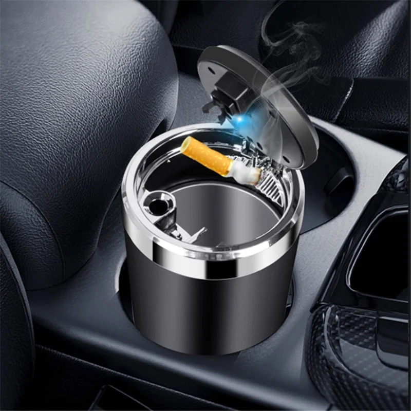 ABS+Metal Liner LED Light Car Ashtray Vehicle Interior Garbage Can Ashtray with Lid - Gold