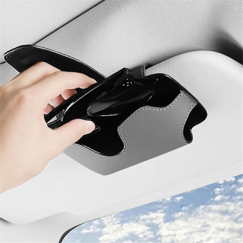 Nappa Texture PU Leather Car Glasses Storage Case Sun Visor Clip Sunglasses Holder - Black