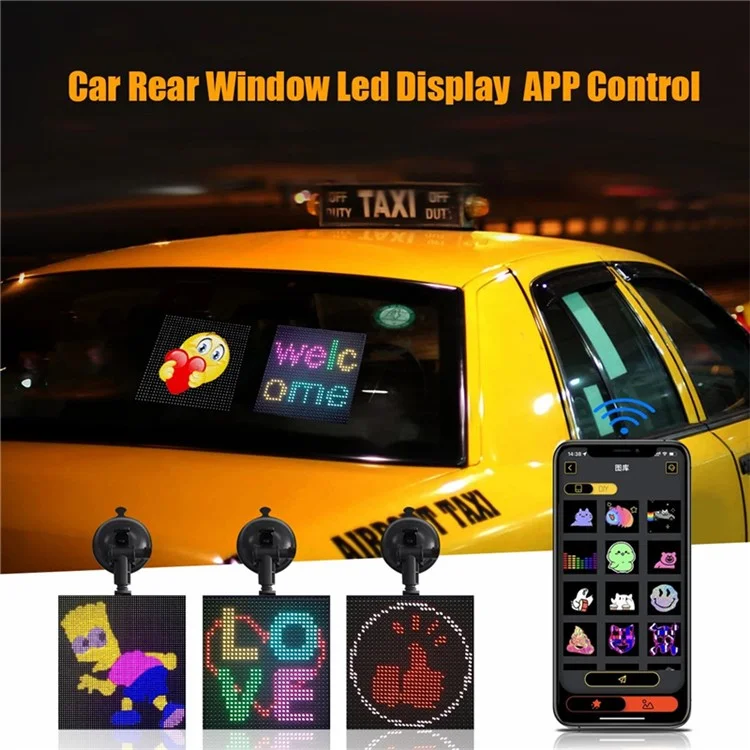 HCZ-01 Schermo di visualizzazione immagini LED per auto Scheda di messaggi per finestrino posteriore con controllo Bluetooth app 
