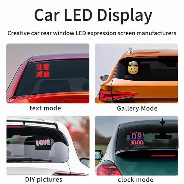 HCZ-01 Schermo di visualizzazione immagini LED per auto Scheda di messaggi per finestrino posteriore con controllo Bluetooth app 