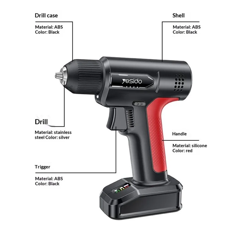 YESIDO EC36 Electric Screwdriver Set 3000mAh 8Nm Torque 400RPM Cordless Drill Kit with LED - Black