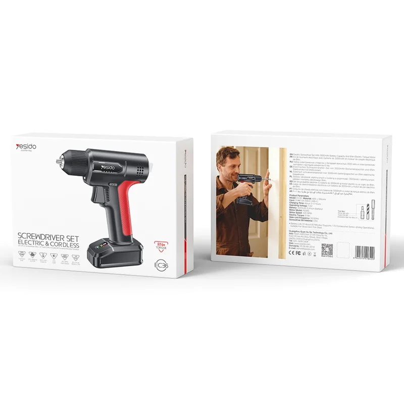 YESIDO EC36 Electric Screwdriver Set 3000mAh 8Nm Torque 400RPM Cordless Drill Kit with LED - Black