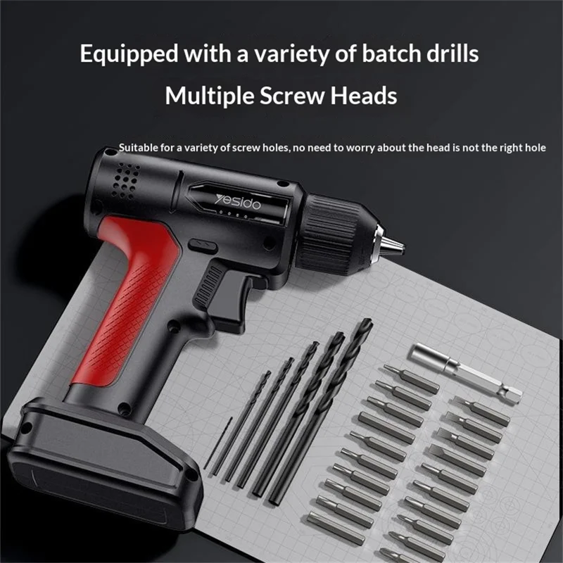 YESIDO EC36 Electric Screwdriver Set 3000mAh 8Nm Torque 400RPM Cordless Drill Kit with LED - Black