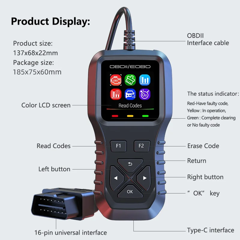 K1 bil OBD2 diagnostic scanner med farverig LCD-skærm 36600 motorkode ryddet værktøj til aflæsning af realtidsdata - Sort