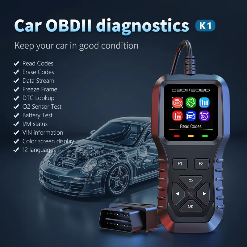 K1 bil OBD2 diagnostic scanner med farverig LCD-skærm 36600 motorkode ryddet værktøj til aflæsning af realtidsdata - Sort