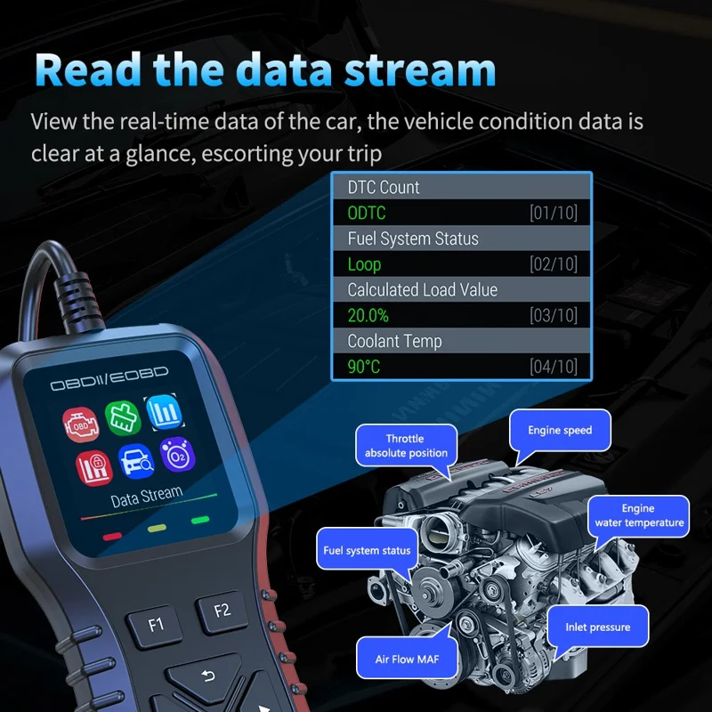 K1 bil OBD2 diagnostic scanner med farverig LCD-skærm 36600 motorkode ryddet værktøj til aflæsning af realtidsdata - Sort