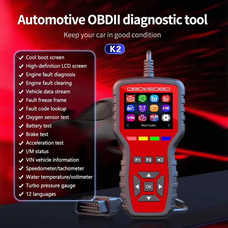 K2 OBD2 bil diagnostic scanner 40000+ koder farveskærm motor fejlkode reader clear tool - rød