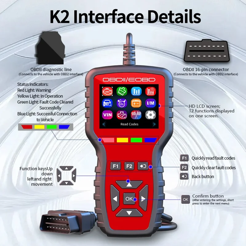 K2 OBD2 bil diagnostic scanner 40000+ koder farveskærm motor fejlkode reader clear tool - rød