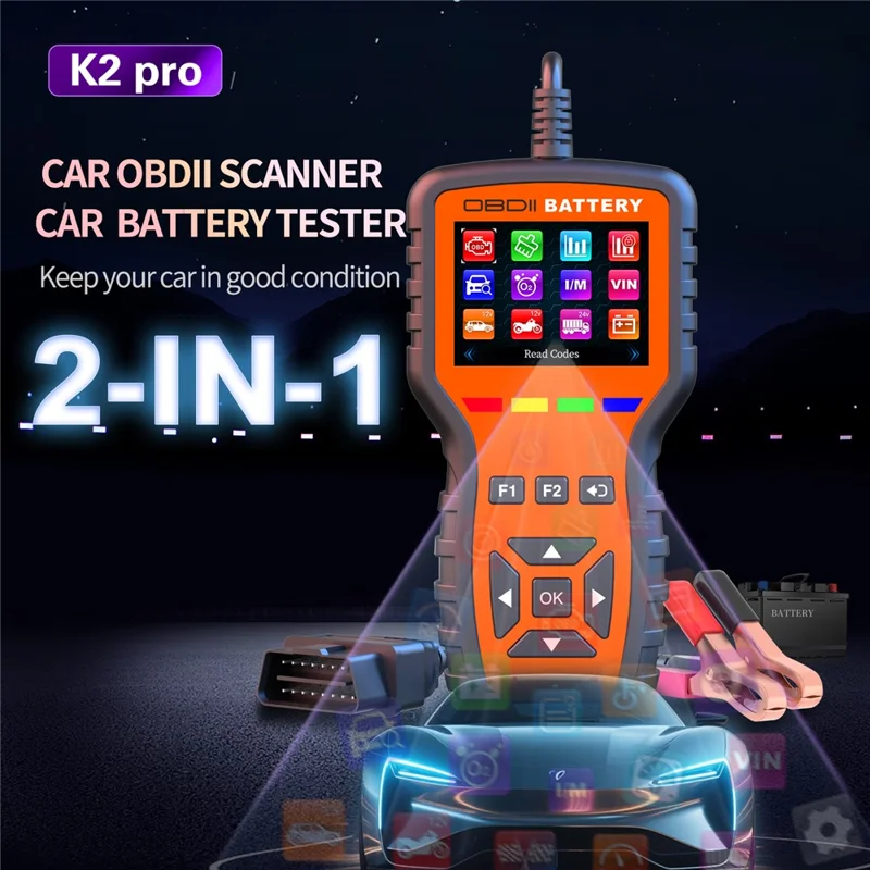 K2 Pro 2 в 1, сканер OBD2, тестер автомобильного аккумулятора, более 40000 кодов неисправностей, диагностический прибор для двигателя — оранжевый