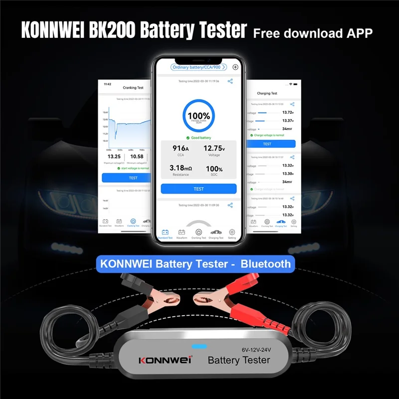 KONNWEI BK200 Multifunktions-Bluetooth-Batterietester für Auto, LKW, Motorrad, SUV, Boot, Yacht 6V 12V 24V Batterietester - Silber