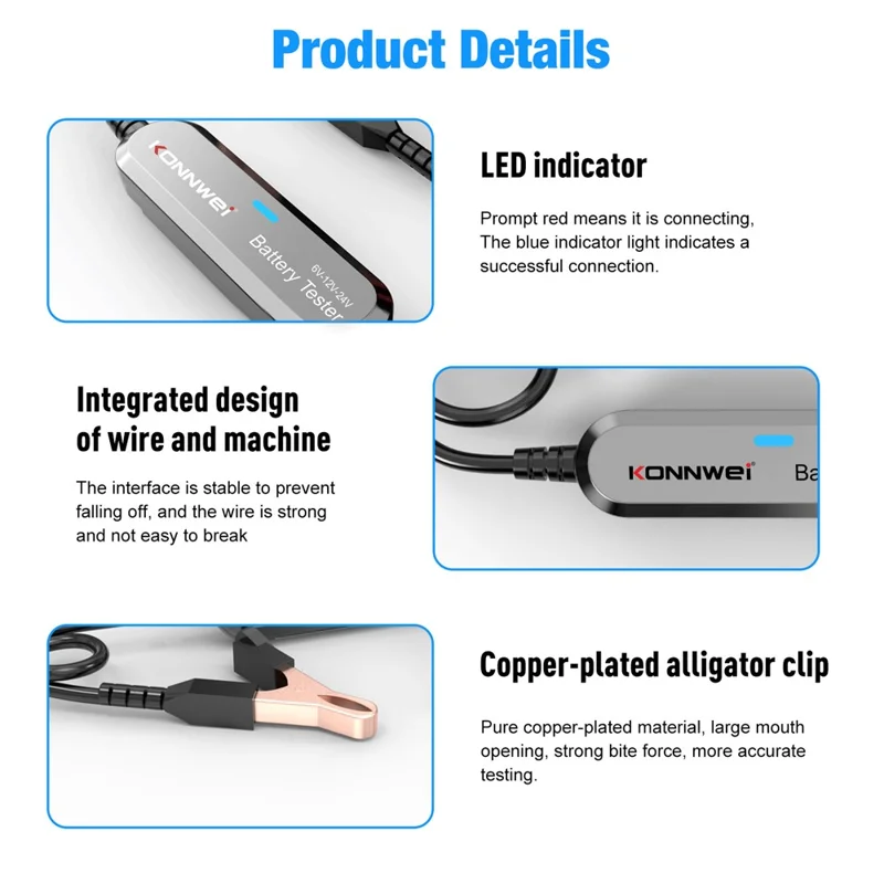 KONNWEI BK200 Multifunktions-Bluetooth-Batterietester für Auto, LKW, Motorrad, SUV, Boot, Yacht 6V 12V 24V Batterietester - Silber