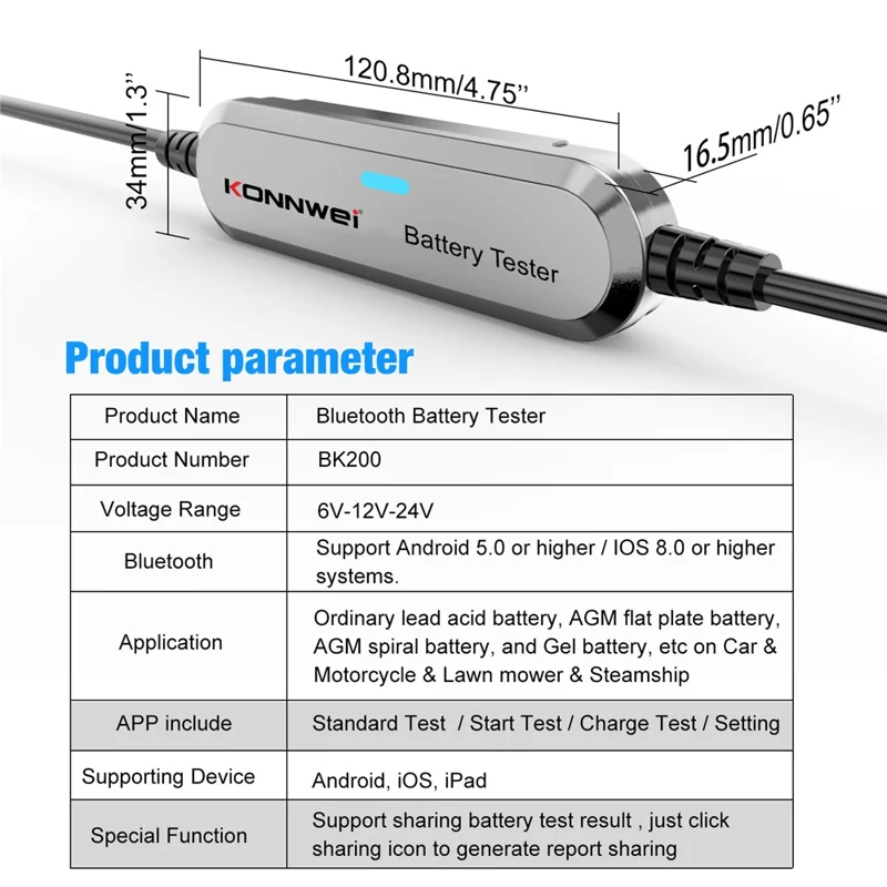 KONNWEI BK200 Multifunktions-Bluetooth-Batterietester für Auto, LKW, Motorrad, SUV, Boot, Yacht 6V 12V 24V Batterietester - Silber