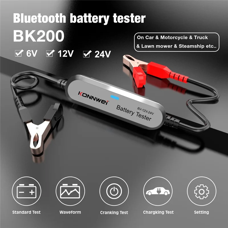KONNWEI BK200 Multifunktions-Bluetooth-Batterietester für Auto, LKW, Motorrad, SUV, Boot, Yacht 6V 12V 24V Batterietester - Silber