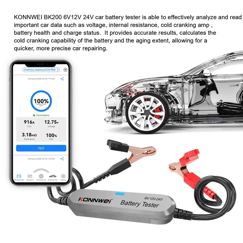 KONNWEI BK200 Multifunktions-Bluetooth-Batterietester für Auto, LKW, Motorrad, SUV, Boot, Yacht 6V 12V 24V Batterietester - Silber