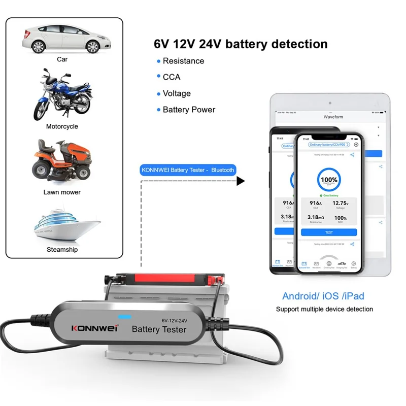 KONNWEI BK200 Multifunktions-Bluetooth-Batterietester für Auto, LKW, Motorrad, SUV, Boot, Yacht 6V 12V 24V Batterietester - Silber